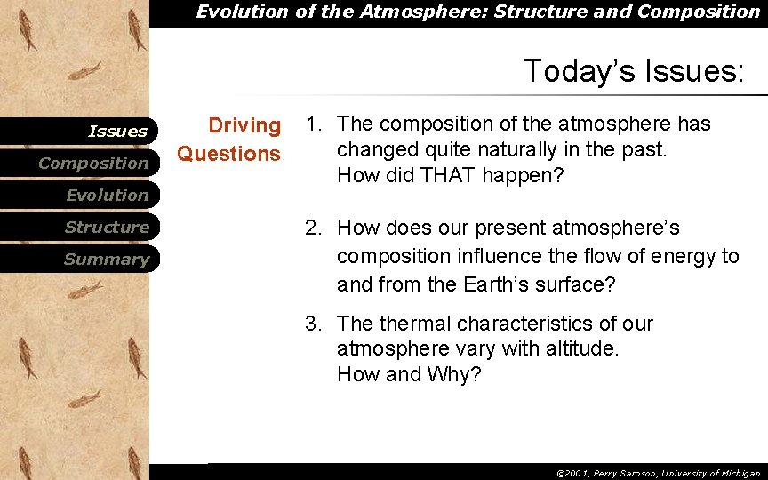 Evolution of the Atmosphere: Structure and Composition Today’s Issues: Issues Composition Evolution Structure Summary