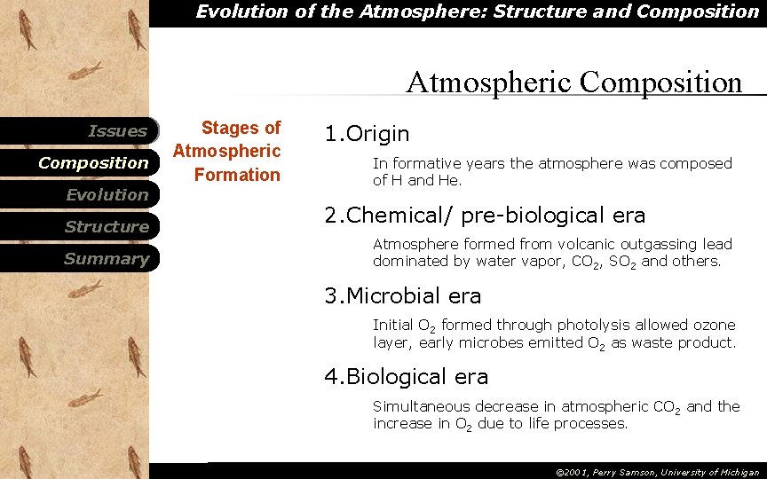 Evolution of the Atmosphere: Structure and Composition Atmospheric Composition Issues Composition Evolution Structure Summary