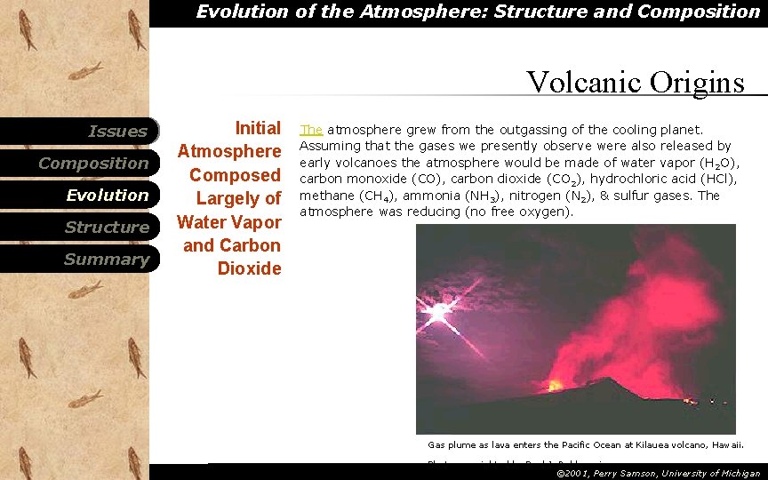 Evolution of the Atmosphere: Structure and Composition Volcanic Origins Issues Composition Evolution Structure Summary