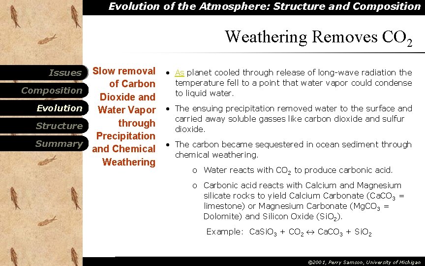 Evolution of the Atmosphere: Structure and Composition Weathering Removes CO 2 Issues Composition Evolution