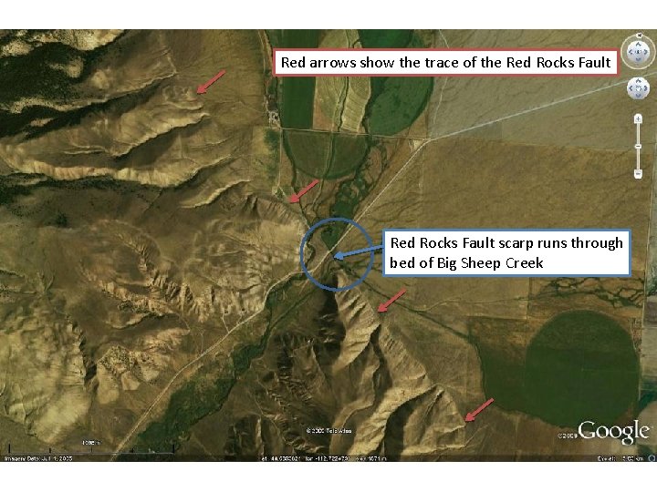 Red arrows show the trace of the Red Rocks Fault scarp runs through bed