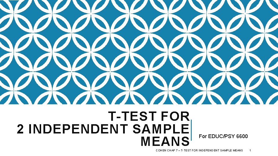 T-TEST FOR 2 INDEPENDENT SAMPLE MEANS For EDUC/PSY 6600 COHEN CHAP 7 – T-TEST