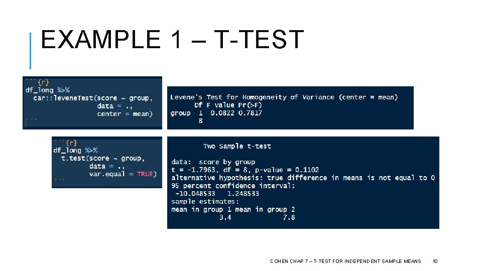 EXAMPLE 1 – T-TEST COHEN CHAP 7 – T-TEST FOR INDEPENDENT SAMPLE MEANS 10