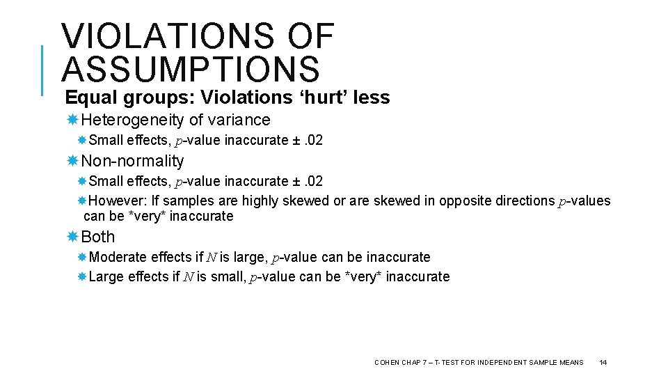 VIOLATIONS OF ASSUMPTIONS Equal groups: Violations ‘hurt’ less Heterogeneity of variance Small effects, p-value