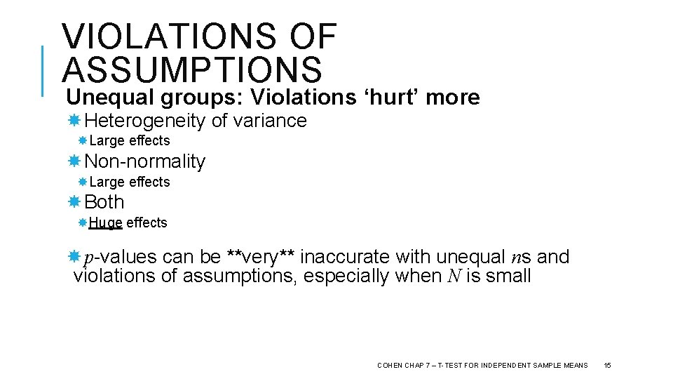 VIOLATIONS OF ASSUMPTIONS Unequal groups: Violations ‘hurt’ more Heterogeneity of variance Large effects Non-normality