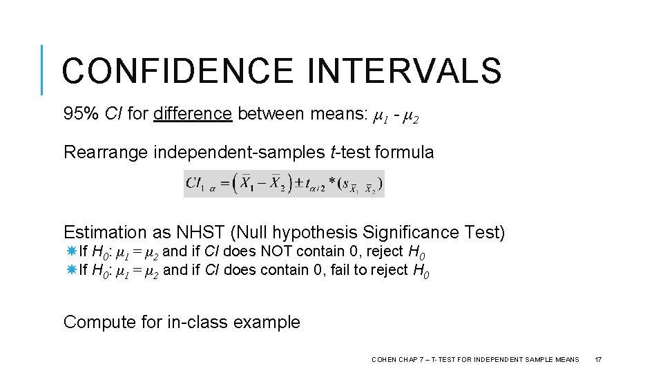 CONFIDENCE INTERVALS 95% CI for difference between means: μ 1 - μ 2 Rearrange