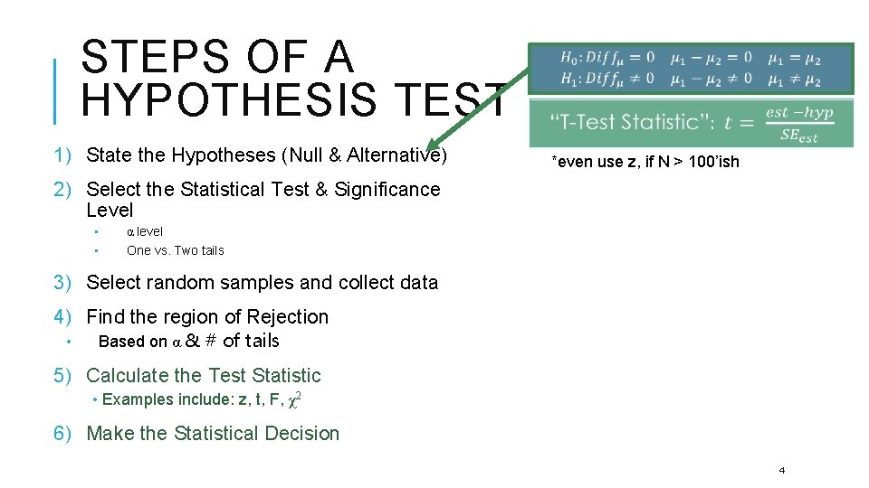 STEPS OF A HYPOTHESIS TEST 1) State the Hypotheses (Null & Alternative) *even use