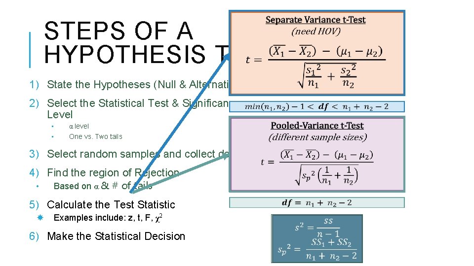 STEPS OF A HYPOTHESIS TEST 1) State the Hypotheses (Null & Alternative) 2) Select