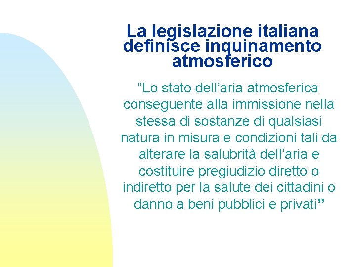La legislazione italiana definisce inquinamento atmosferico “Lo stato dell’aria atmosferica conseguente alla immissione nella