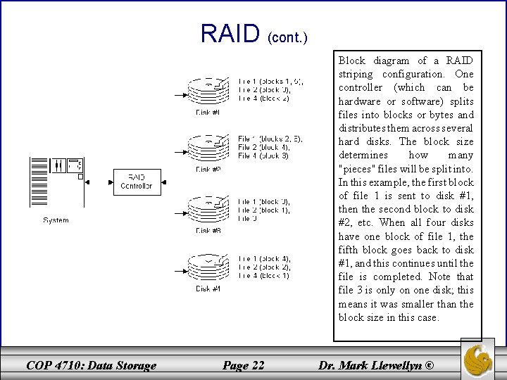 RAID (cont. ) Block diagram of a RAID striping configuration. One controller (which can