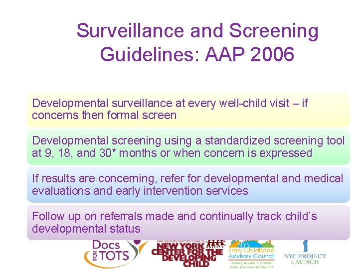 Surveillance and Screening Guidelines: AAP 2006 Developmental surveillance at every well-child visit – if