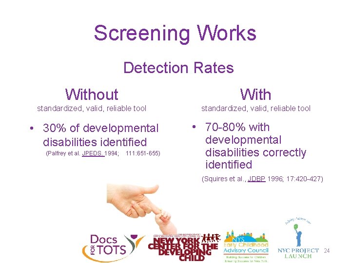 Screening Works Detection Rates Without With standardized, valid, reliable tool • 30% of developmental