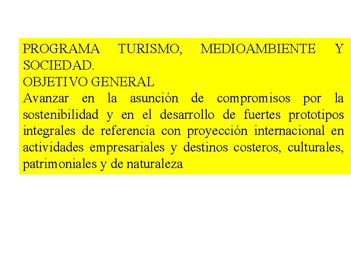 PROGRAMA TURISMO, MEDIOAMBIENTE Y SOCIEDAD. OBJETIVO GENERAL Avanzar en la asunción de compromisos por