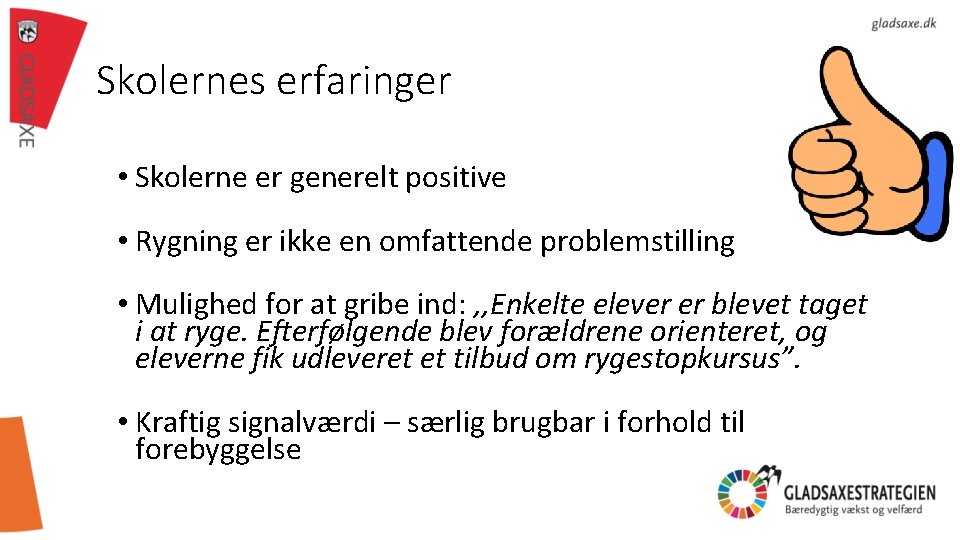 Skolernes erfaringer • Skolerne er generelt positive • Rygning er ikke en omfattende problemstilling