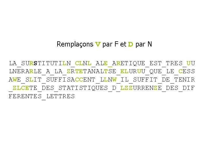 Remplaçons V par F et D par N LA_SURSTITUTILN_CLNL_ALE_ARETIQUE_EST_TRES_UU LNERARLE_A_LA_ZRTETANALTSE_ELURUU_QUE_LE_CESS AWE_SLIT_SUFFISACCENT_LLNW_IL_SUFFIT_DE_TENIR _ZLCETE_DES_STATISTIQUES_D_LZZURRENZE_DES_DIF FERENTES_LETTRES 