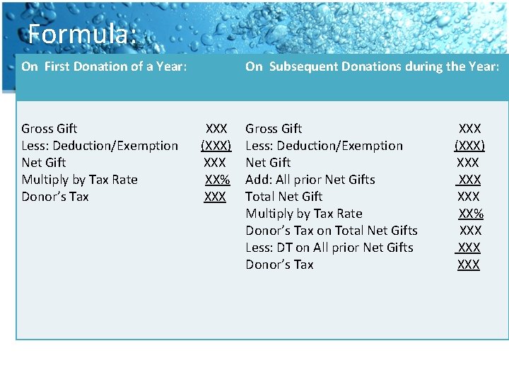 Formula: On First Donation of a Year: Gross Gift Less: Deduction/Exemption Net Gift Multiply