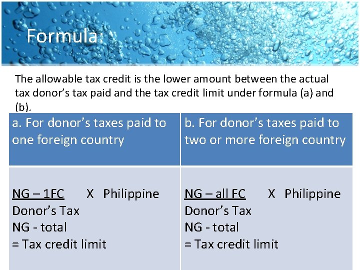 Formula: The allowable tax credit is the lower amount between the actual tax donor’s