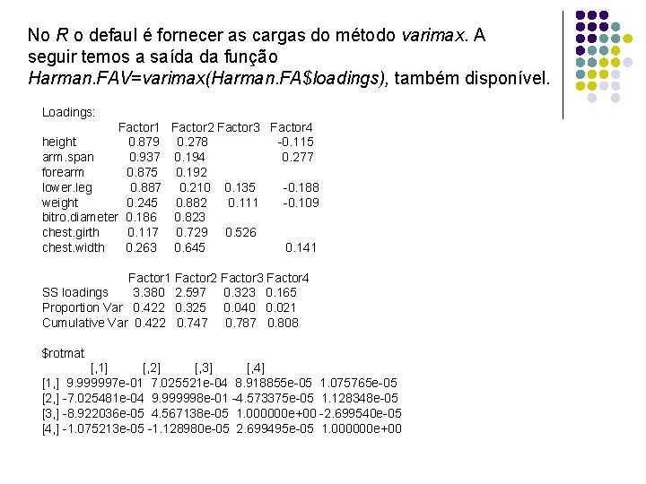 No R o defaul é fornecer as cargas do método varimax. A seguir temos