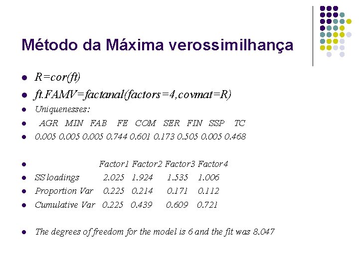 Método da Máxima verossimilhança l l l R=cor(ft) ft. FAMV=factanal(factors=4, covmat=R) Uniquenesses: AGR MIN