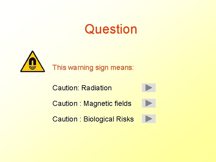 Question This warning sign means: Caution: Radiation Caution : Magnetic fields Caution : Biological
