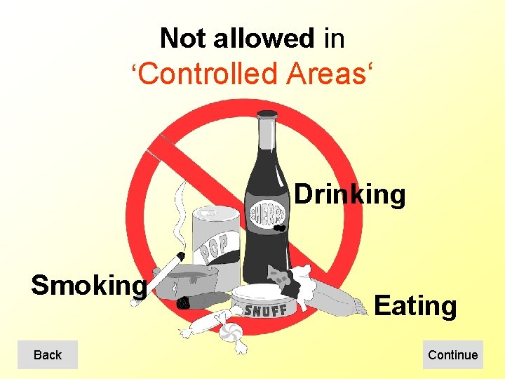 Not allowed in ‘Controlled Areas‘ Drinking Smoking Back Eating Continue 