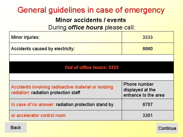 General guidelines in case of emergency Minor accidents / events During office hours please
