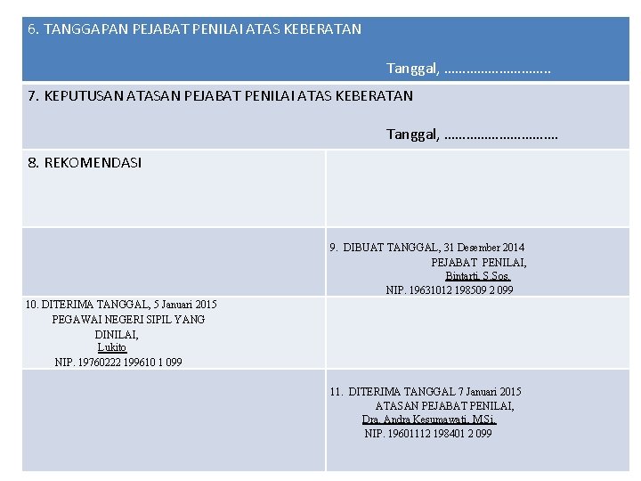 6. TANGGAPAN PEJABAT PENILAI ATAS KEBERATAN Tanggal, ……………. . 7. KEPUTUSAN ATASAN PEJABAT PENILAI