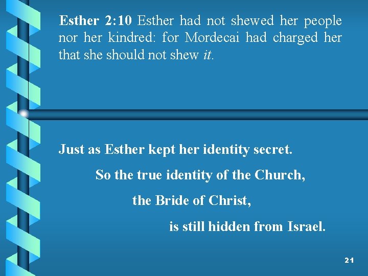 Esther 2: 10 Esther had not shewed her people nor her kindred: for Mordecai