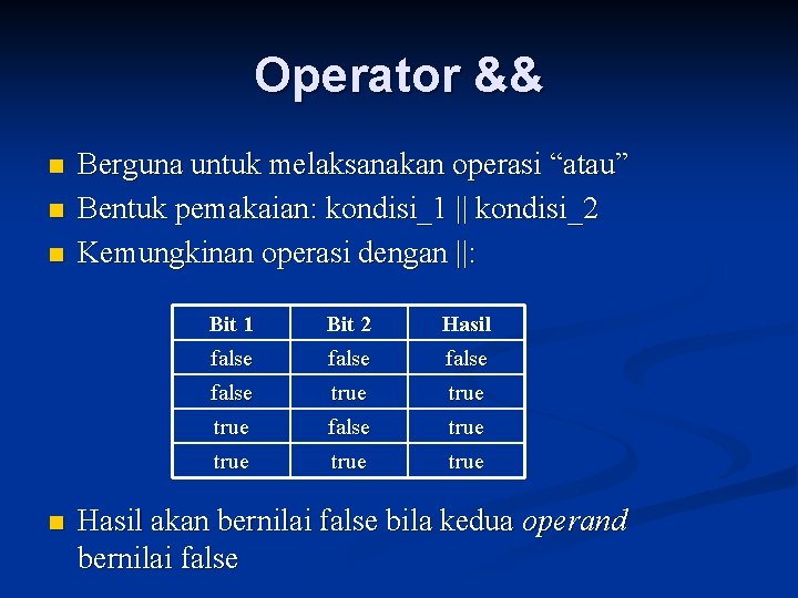 Operator && n n Berguna untuk melaksanakan operasi “atau” Bentuk pemakaian: kondisi_1 || kondisi_2