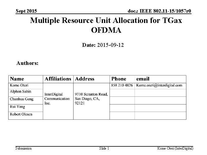 Sept 2015 doc. : IEEE 802. 11 -15/1057 r 0 Multiple Resource Unit Allocation