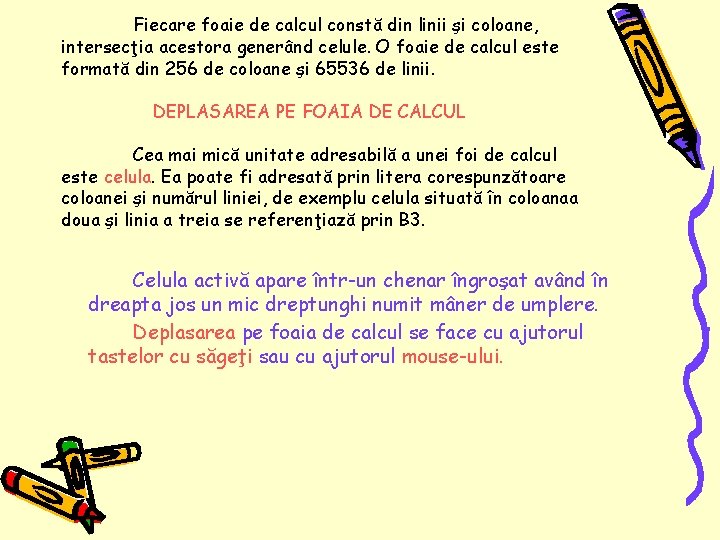 Fiecare foaie de calcul constă din linii şi coloane, intersecţia acestora generând celule. O