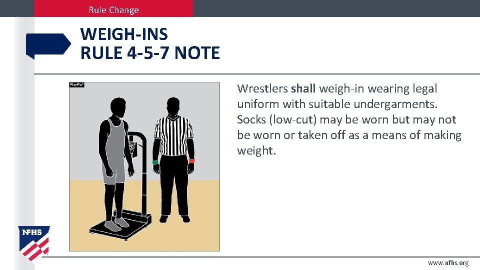 Rule Change WEIGH-INS RULE 4 -5 -7 NOTE Wrestlers shall weigh-in wearing legal uniform