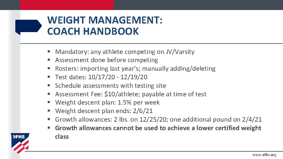 WEIGHT MANAGEMENT: COACH HANDBOOK § § § § § Mandatory: any athlete competing on