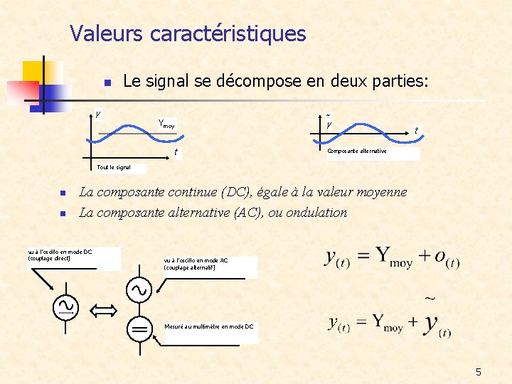 Valeurs caractéristiques n Le signal se décompose en deux parties: y Ymoy t ˜