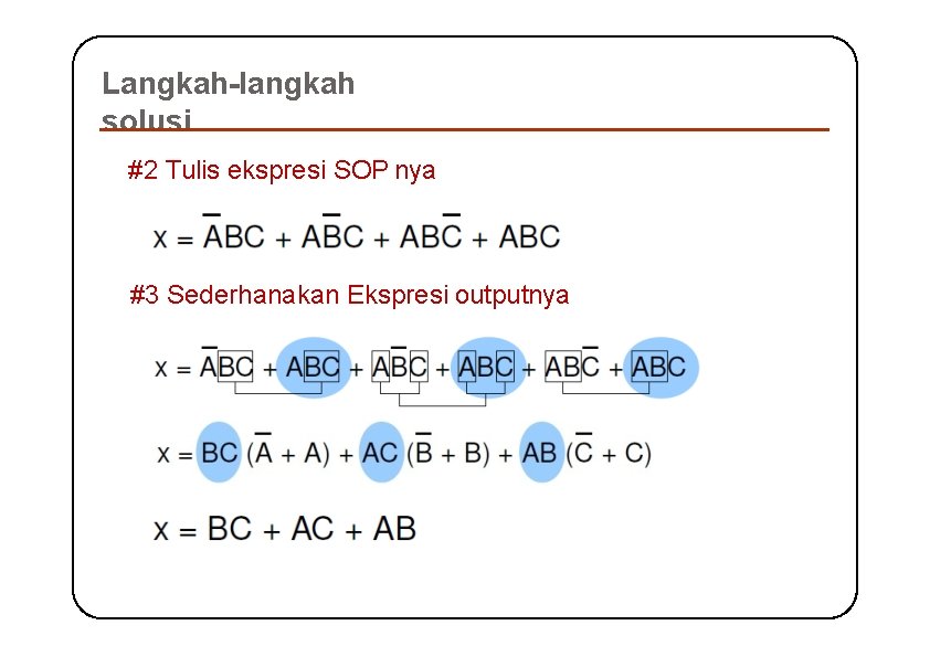 Langkah-langkah solusi #2 Tulis ekspresi SOP nya #3 Sederhanakan Ekspresi outputnya 