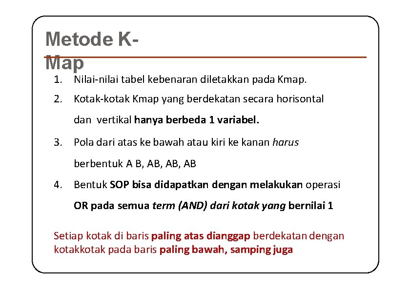 Metode KMap 1. Nilai-nilai tabel kebenaran diletakkan pada Kmap. 2. Kotak-kotak Kmap yang berdekatan