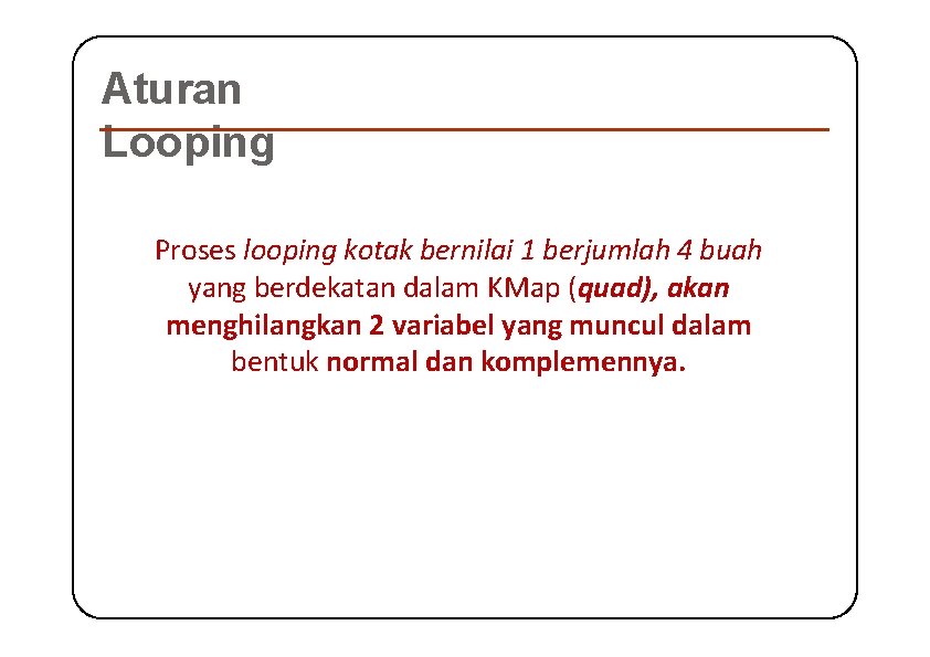 Aturan Looping Proses looping kotak bernilai 1 berjumlah 4 buah yang berdekatan dalam KMap