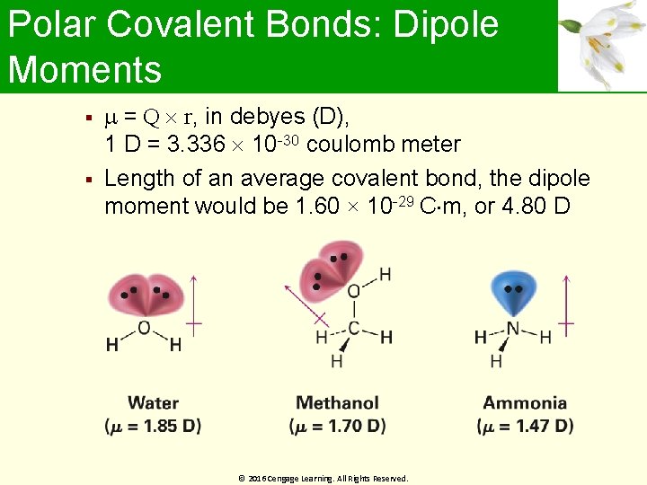 Polar Covalent Bonds: Dipole Moments = Q r, in debyes (D), 1 D =