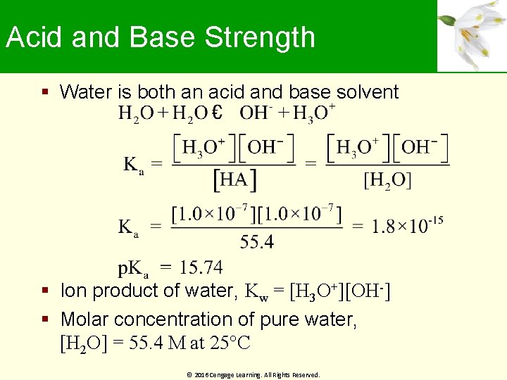 Acid and Base Strength Water is both an acid and base solvent Ion product