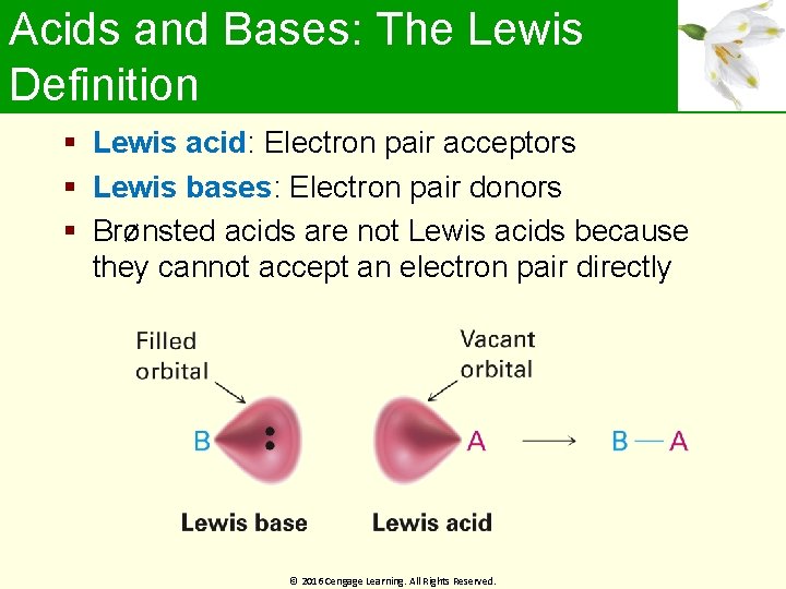 Acids and Bases: The Lewis Definition Lewis acid: Electron pair acceptors Lewis bases: Electron