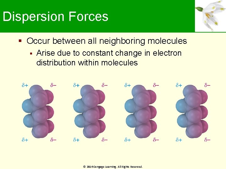 Dispersion Forces Occur between all neighboring molecules Arise due to constant change in electron