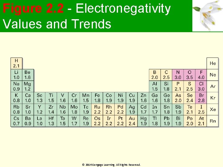 Figure 2. 2 - Electronegativity Values and Trends © 2016 Cengage Learning. All Rights