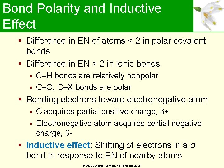 Bond Polarity and Inductive Effect Difference in EN of atoms < 2 in polar