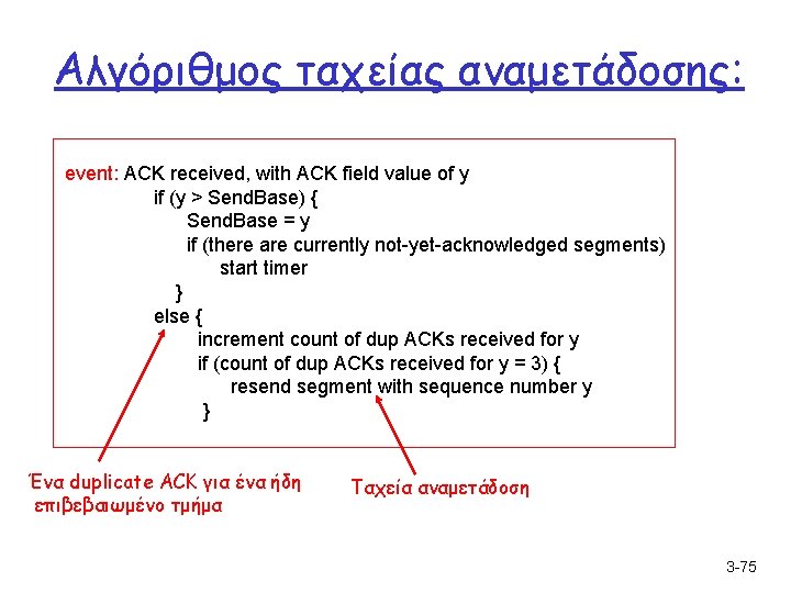 Αλγόριθμος ταχείας αναμετάδοσης: event: ACK received, with ACK field value of y if (y