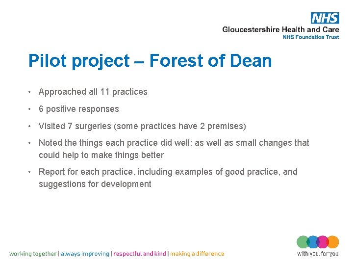 Pilot project – Forest of Dean • Approached all 11 practices • 6 positive