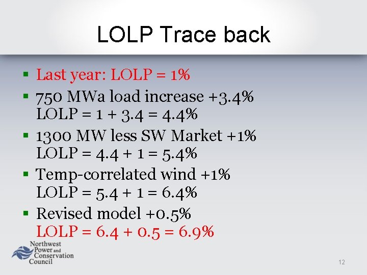 LOLP Trace back § Last year: LOLP = 1% § 750 MWa load increase