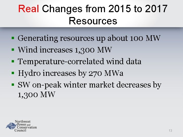 Real Changes from 2015 to 2017 Resources § § § Generating resources up about