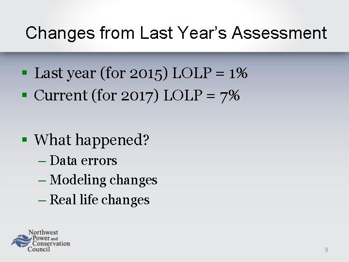 Changes from Last Year’s Assessment § Last year (for 2015) LOLP = 1% §