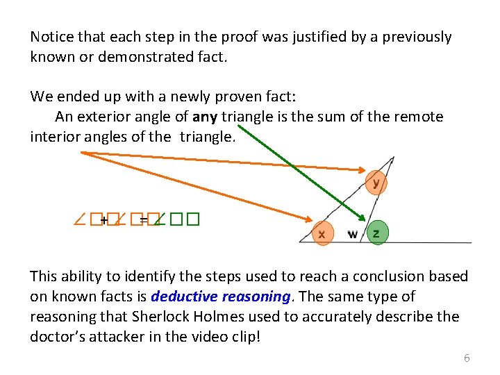 Notice that each step in the proof was justified by a previously known or