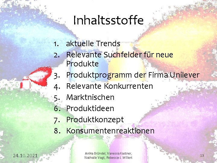 Inhaltsstoffe 1. aktuelle Trends 2. Relevante Suchfelder für neue Produkte 3. Produktprogramm der Firma